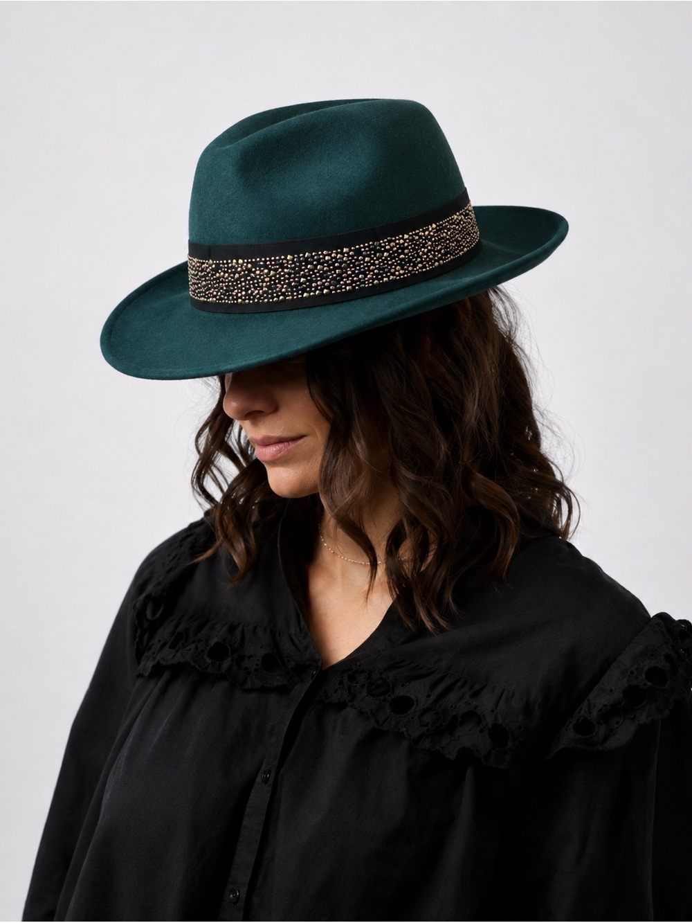 Chico’s 100% Wool Green Fedora Hat Wide Brim Studded Rhinestone Boho Western